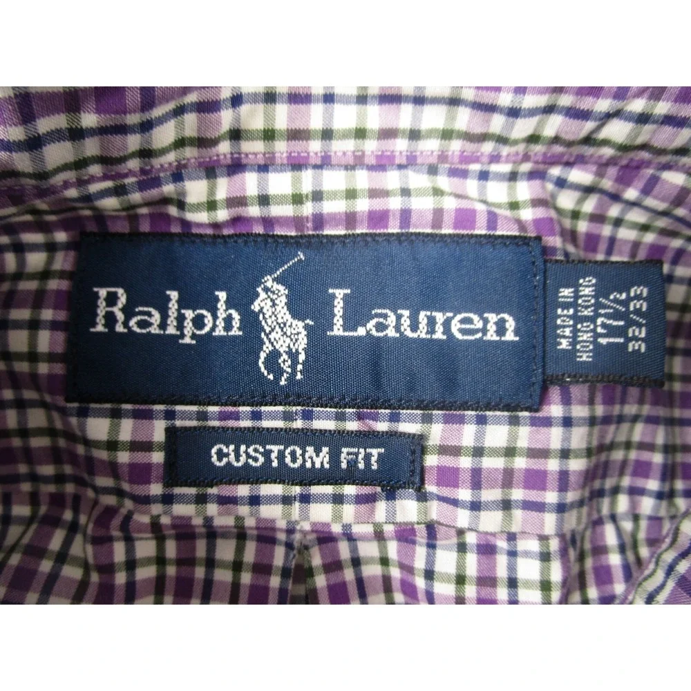 Ralph Lauren Shirt Mens 17.5 Purple Checked Custom Fit Business Casual Preppy‎